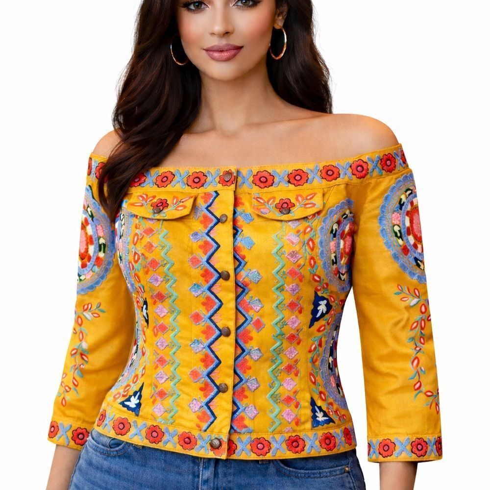 Vintage collection silk lined heavily Embroidered Yellow Off-Shoulder Top medium